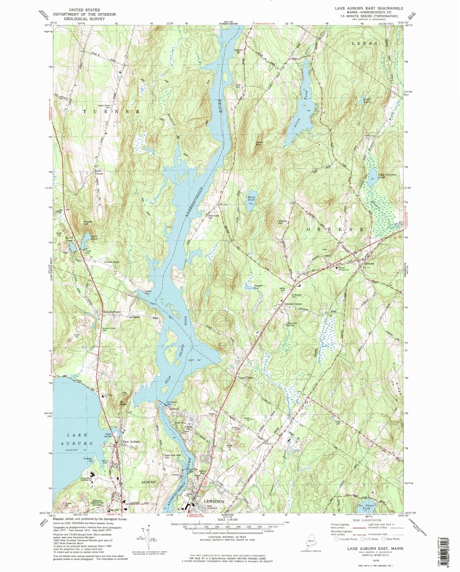 Classic USGS Lake Auburn East Maine 7.5'x7.5' Topo Map Image