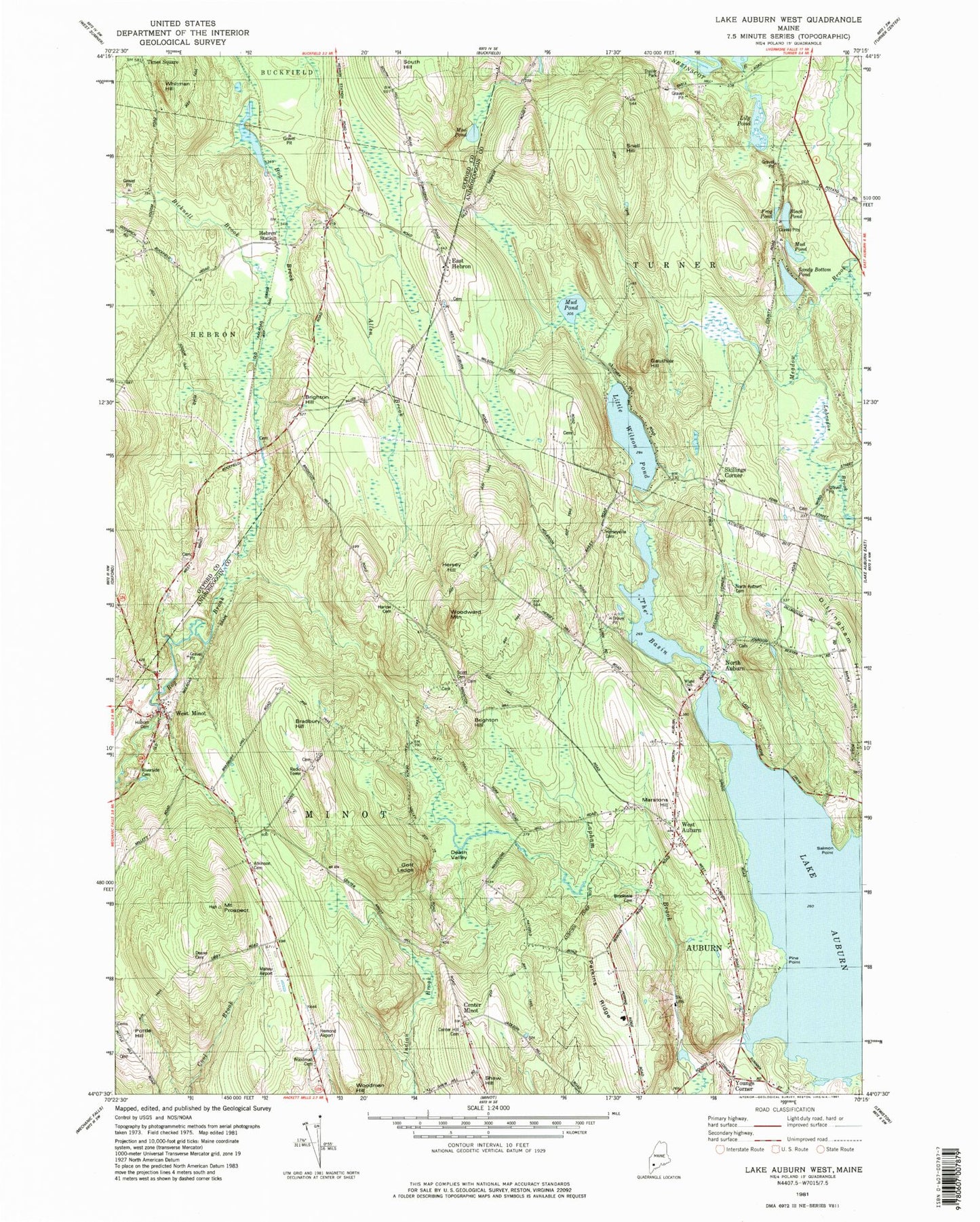 Classic USGS Lake Auburn West Maine 7.5'x7.5' Topo Map Image