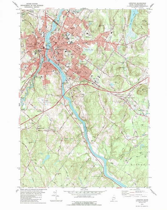 Classic USGS Lewiston Maine 7.5'x7.5' Topo Map Image