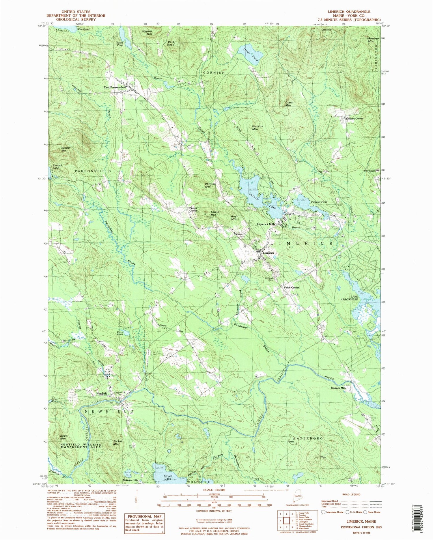 Classic USGS Limerick Maine 7.5'x7.5' Topo Map Image