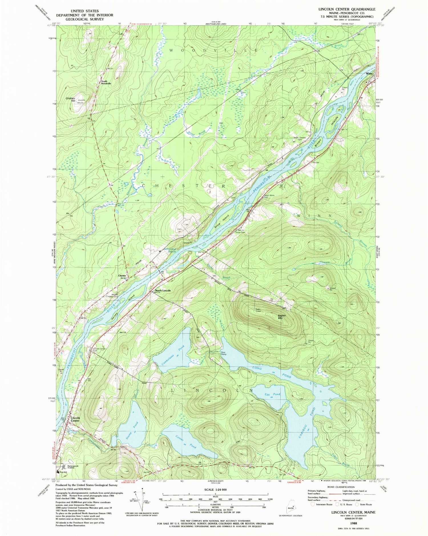 Classic USGS Lincoln Center Maine 7.5'x7.5' Topo Map Image