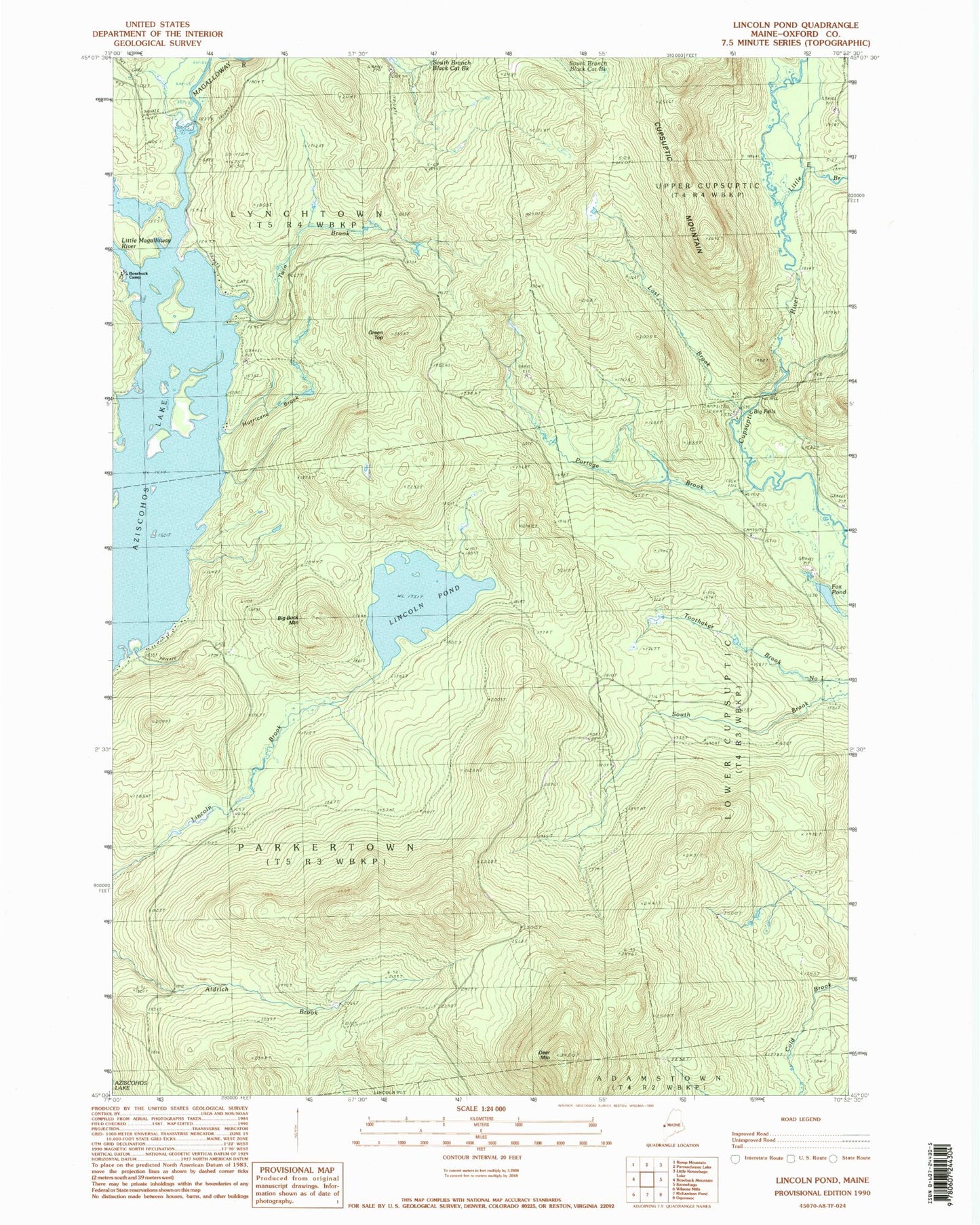 Classic USGS Lincoln Pond Maine 7.5'x7.5' Topo Map Image