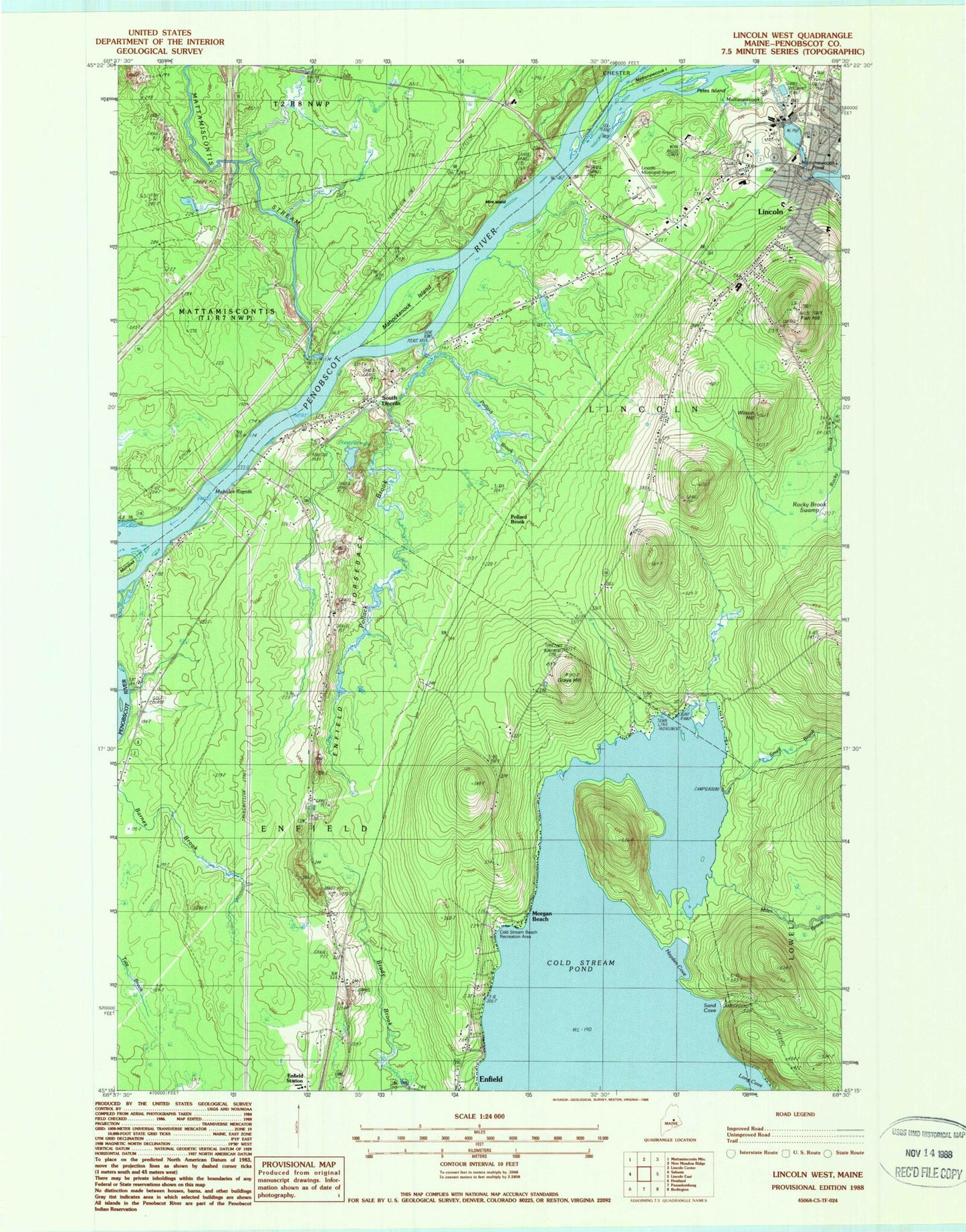 Classic USGS Lincoln West Maine 7.5'x7.5' Topo Map Image