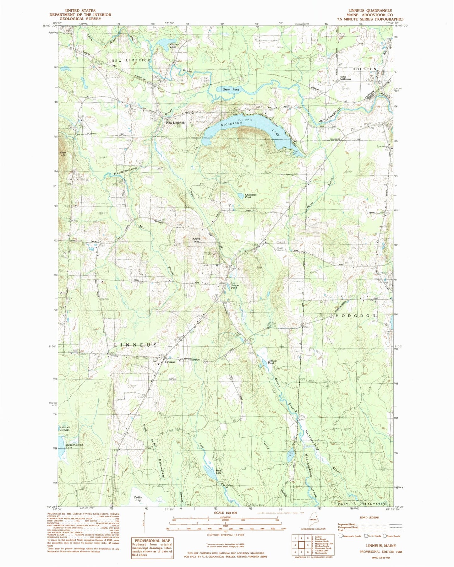 Classic USGS Linneus Maine 7.5'x7.5' Topo Map Image