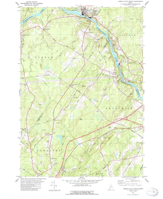 Classic USGS Lisbon Falls South Maine 7.5'x7.5' Topo Map Image
