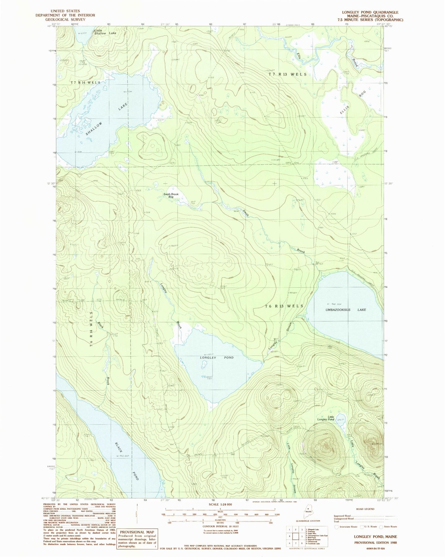 Classic USGS Longley Pond Maine 7.5'x7.5' Topo Map Image
