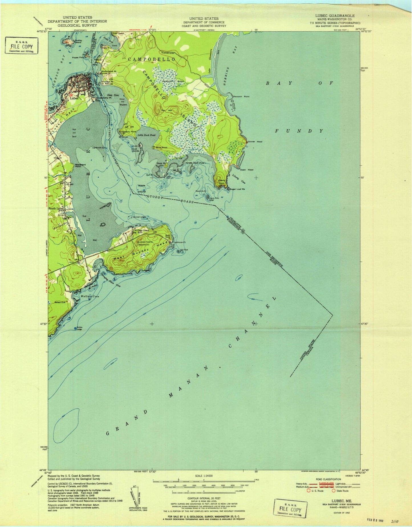 Classic USGS Lubec Maine 7.5'x7.5' Topo Map Image