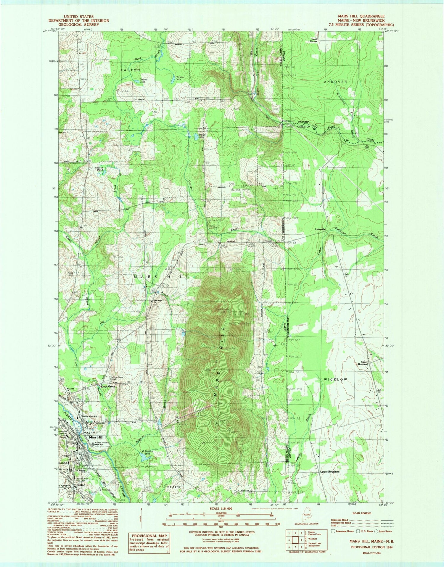 Classic USGS Mars Hill Maine 7.5'x7.5' Topo Map Image