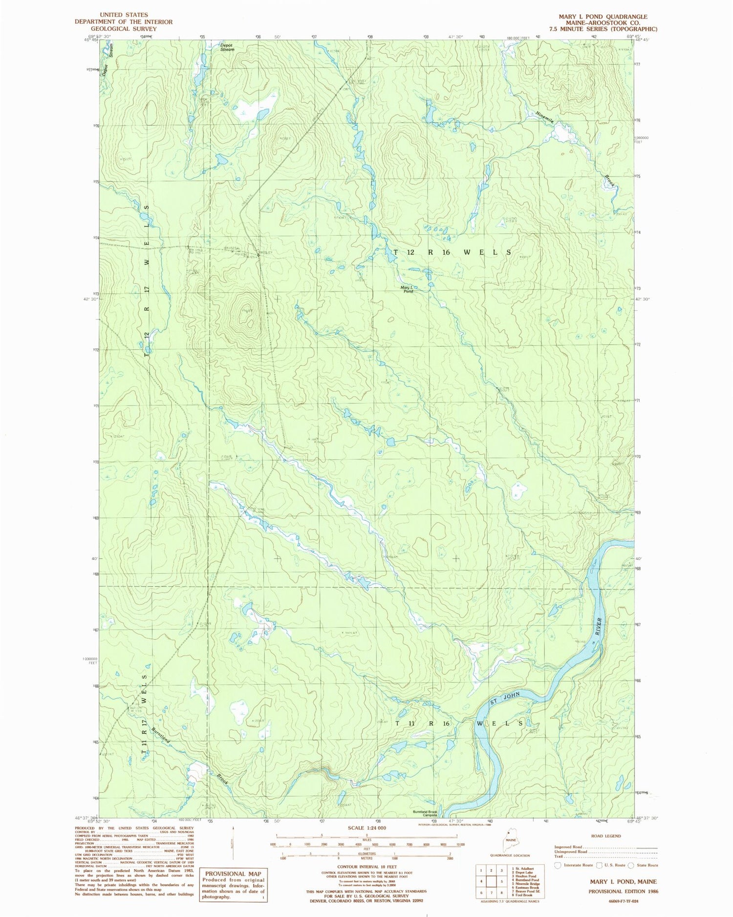 Classic USGS Mary L Pond Maine 7.5'x7.5' Topo Map Image