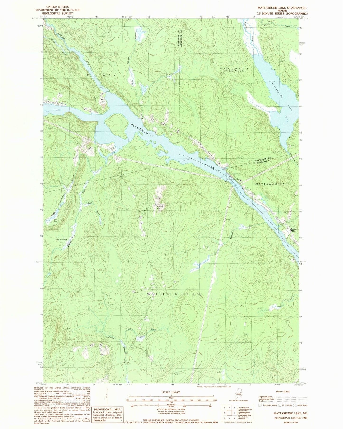 Classic USGS Mattaseunk Lake Maine 7.5'x7.5' Topo Map Image