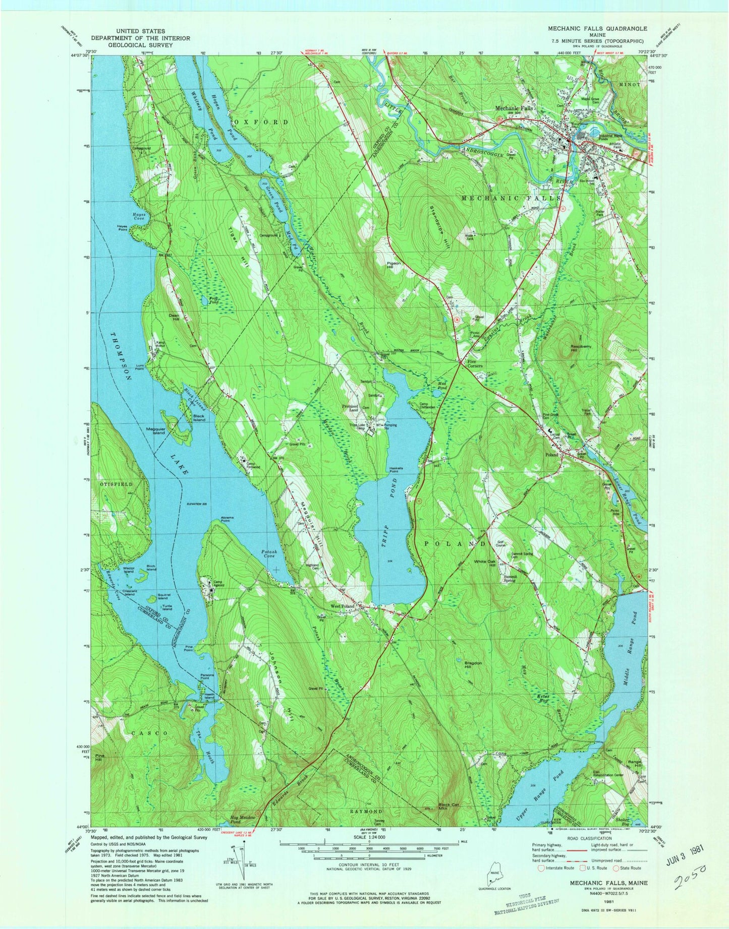 Classic USGS Mechanic Falls Maine 7.5'x7.5' Topo Map Image