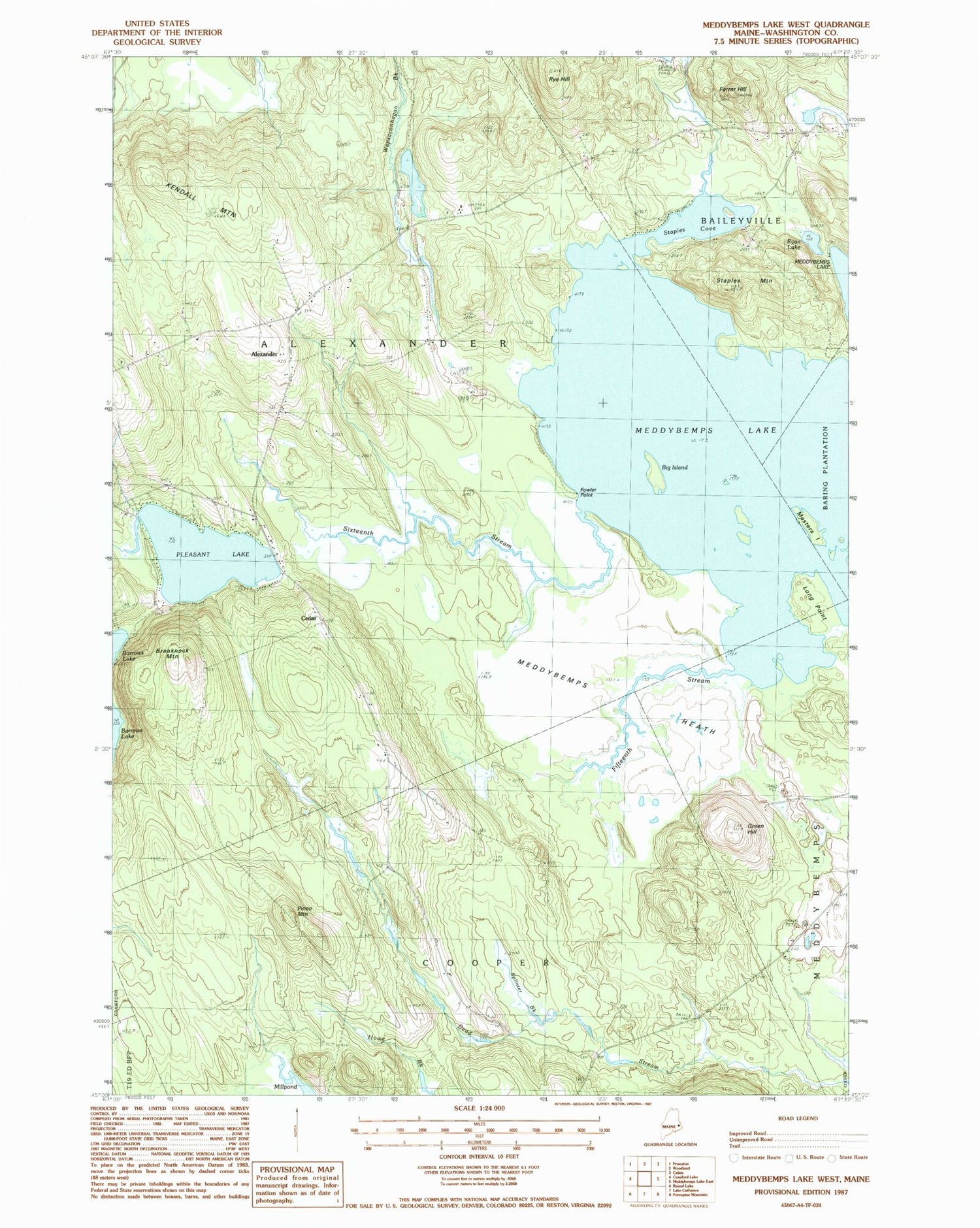 Classic USGS Meddybemps Lake West Maine 7.5'x7.5' Topo Map Image