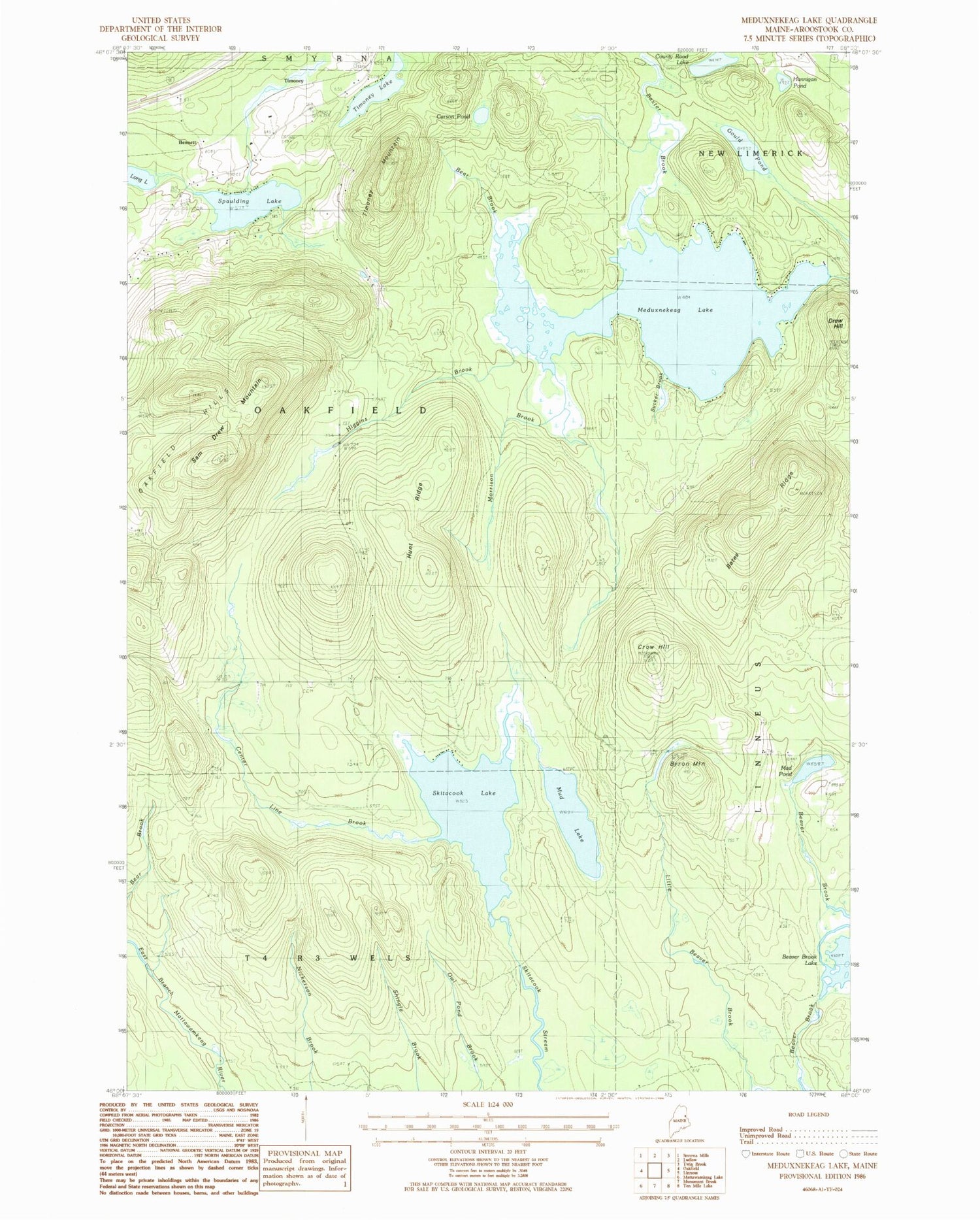 Classic USGS Meduxnekeag Lake Maine 7.5'x7.5' Topo Map Image