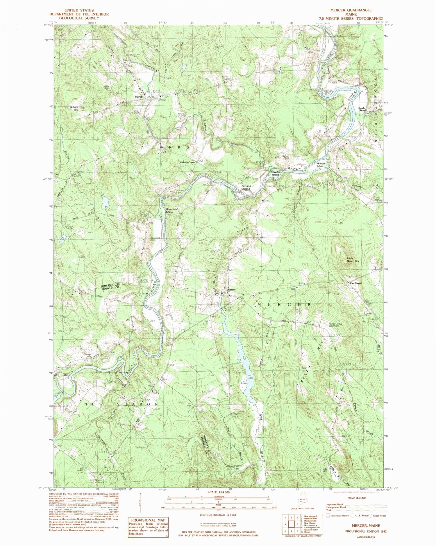 Classic USGS Mercer Maine 7.5'x7.5' Topo Map Image