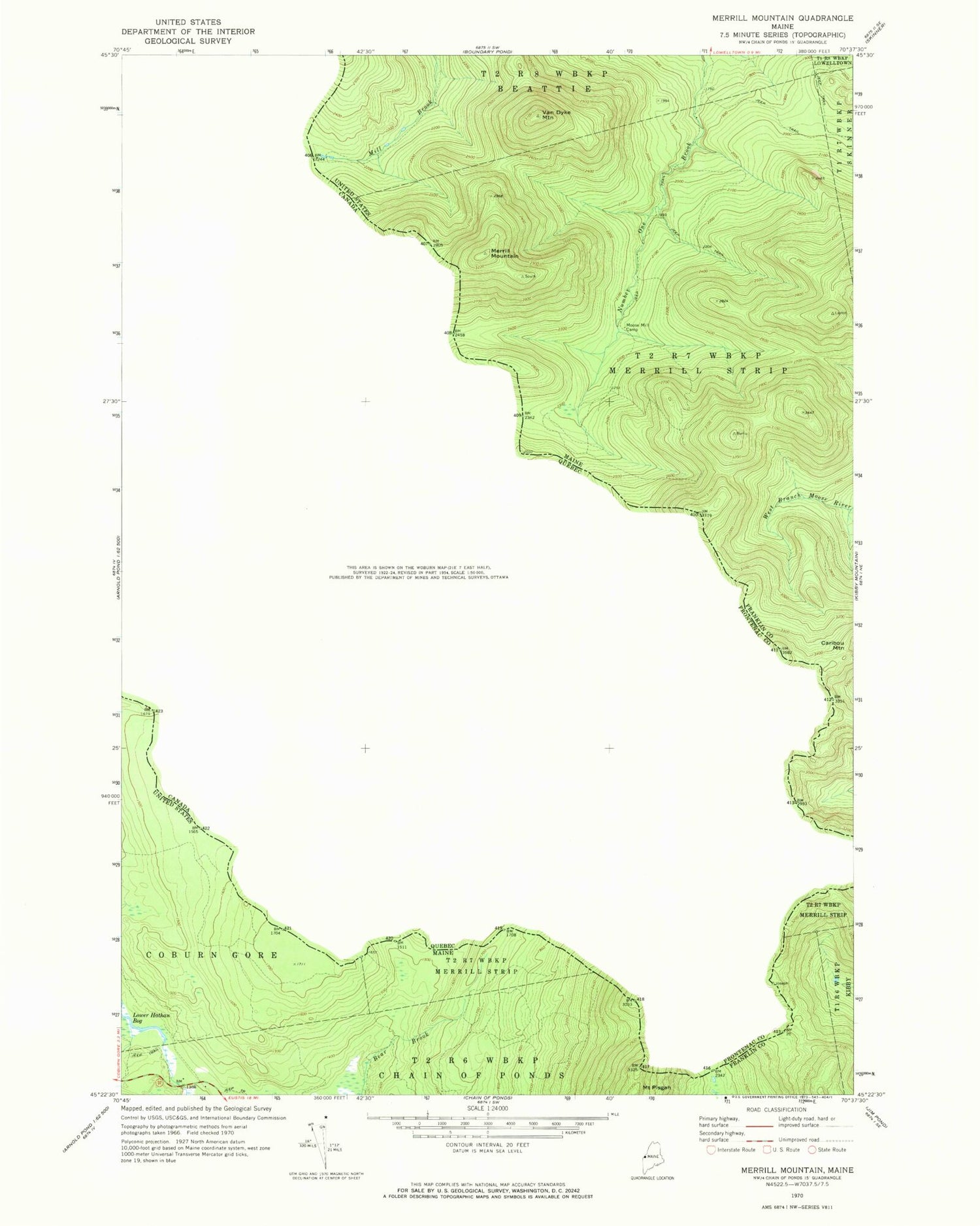 Classic USGS Merrill Mountain Maine 7.5'x7.5' Topo Map Image