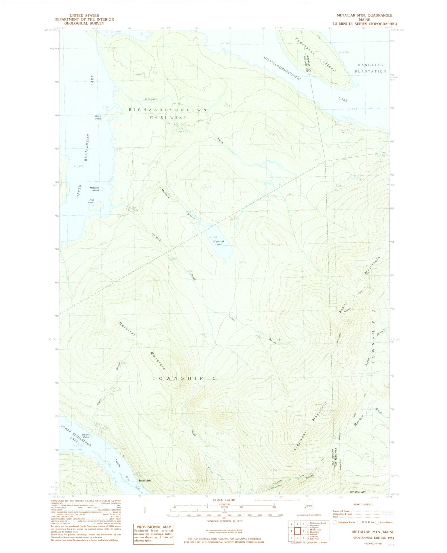 Classic USGS Metallak Mountain Maine 7.5'x7.5' Topo Map Image