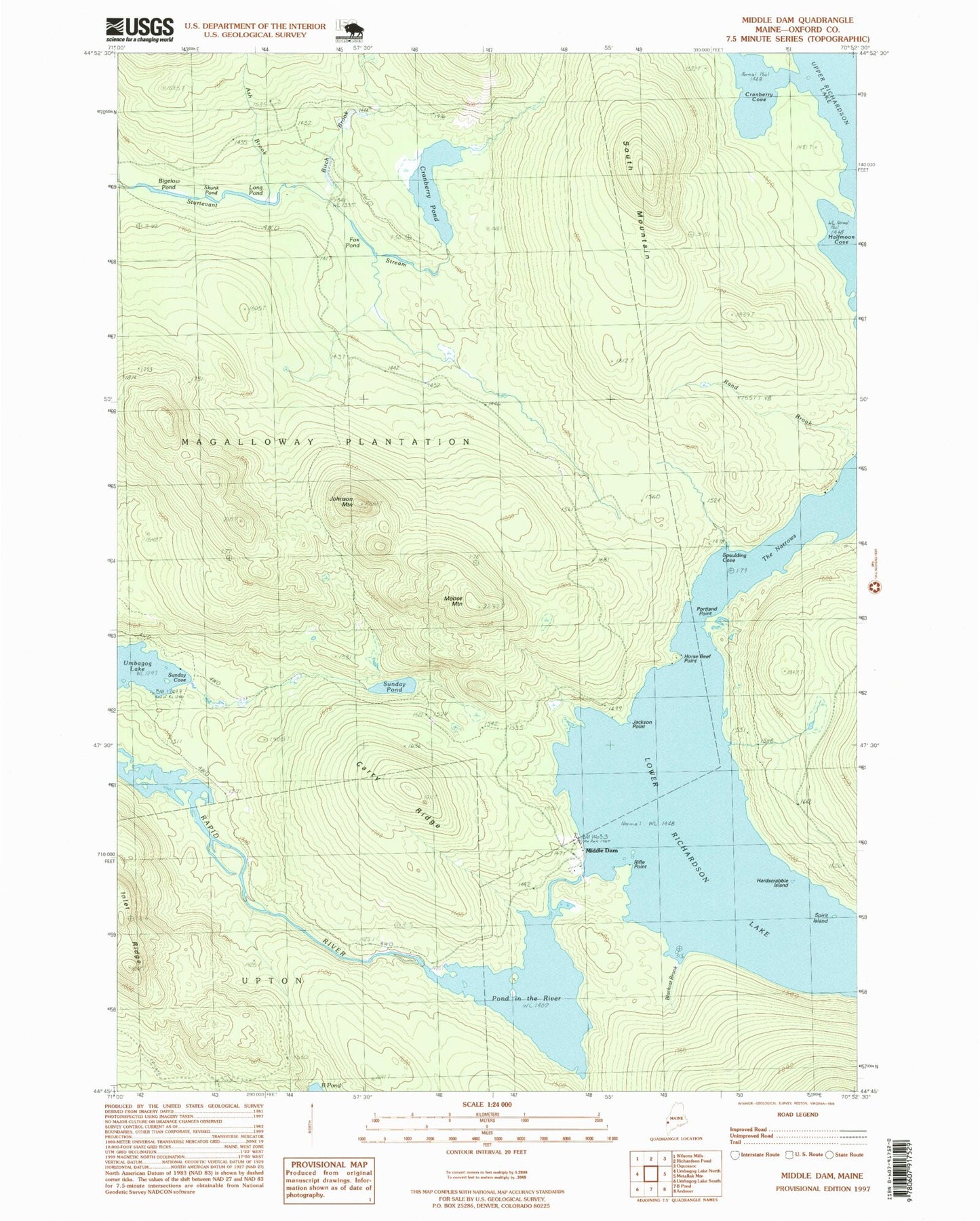 Classic USGS Middle Dam Maine 7.5'x7.5' Topo Map Image