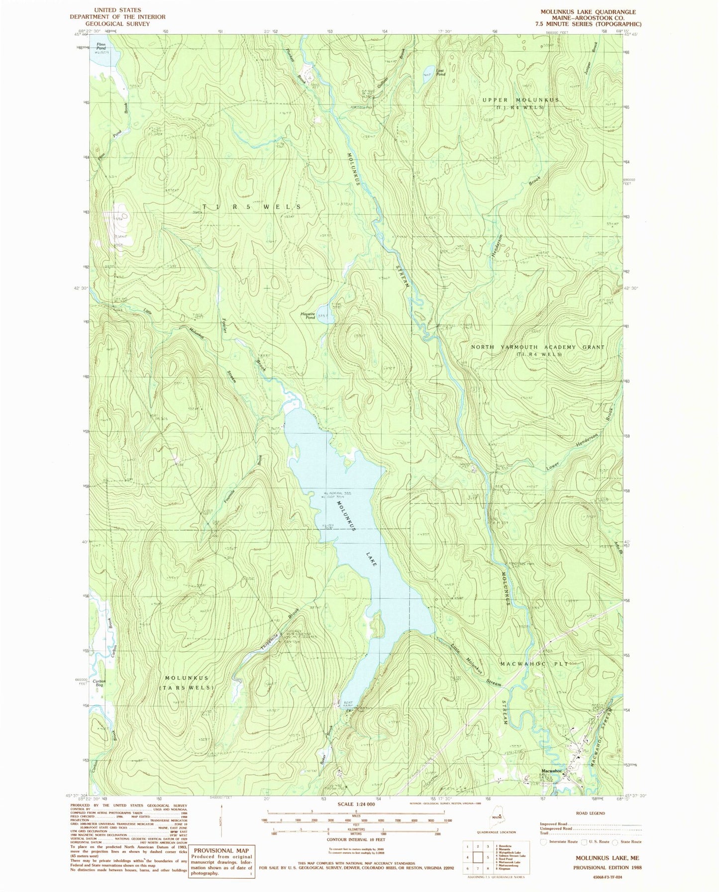 Classic USGS Molunkus Lake Maine 7.5'x7.5' Topo Map Image