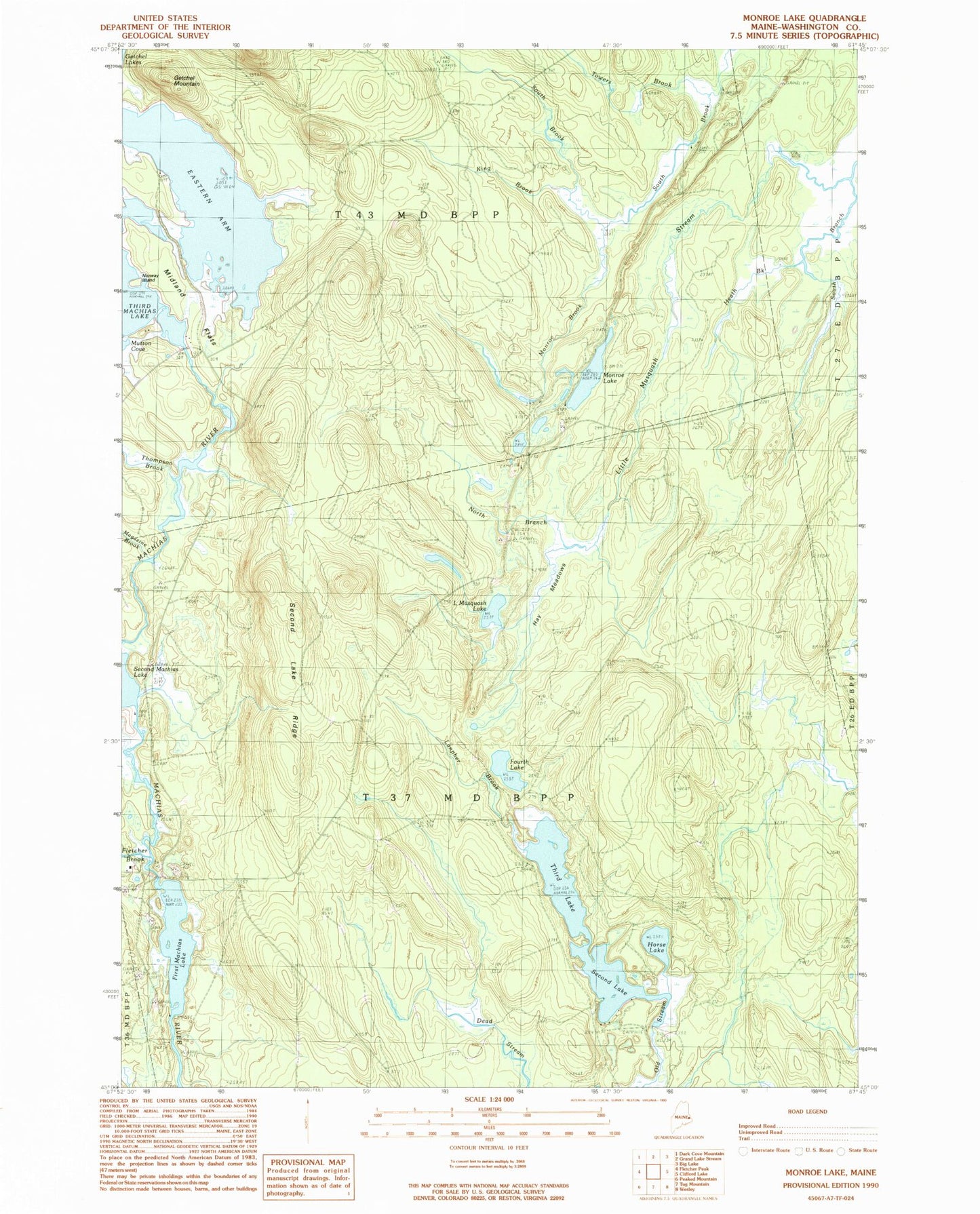 Classic USGS Monroe Lake Maine 7.5'x7.5' Topo Map Image