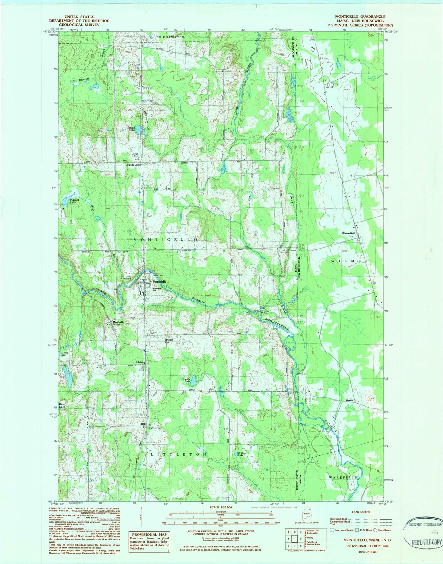 Classic USGS Monticello Maine 7.5'x7.5' Topo Map Image