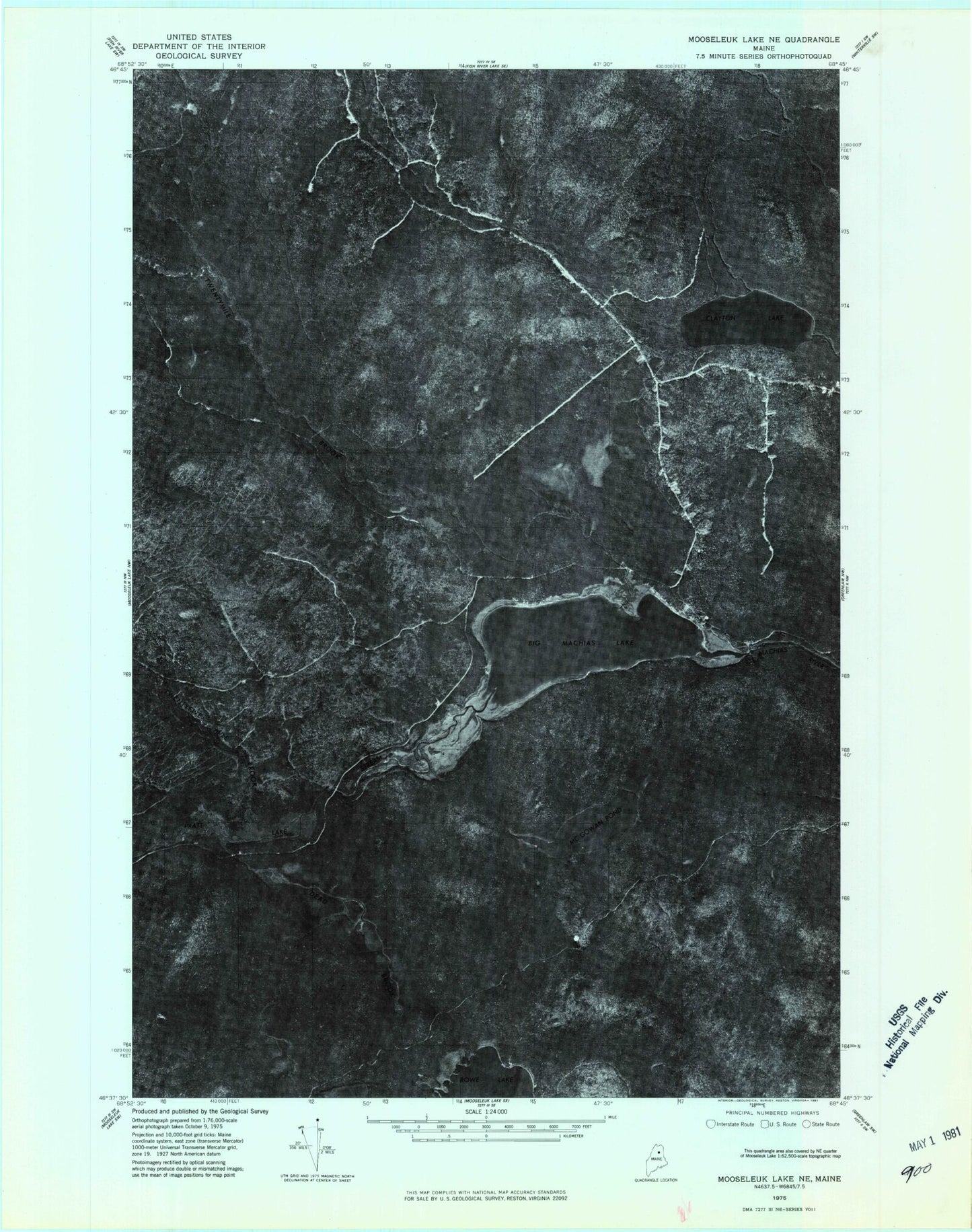 Classic USGS Big Machias Lake Maine 7.5'x7.5' Topo Map Image