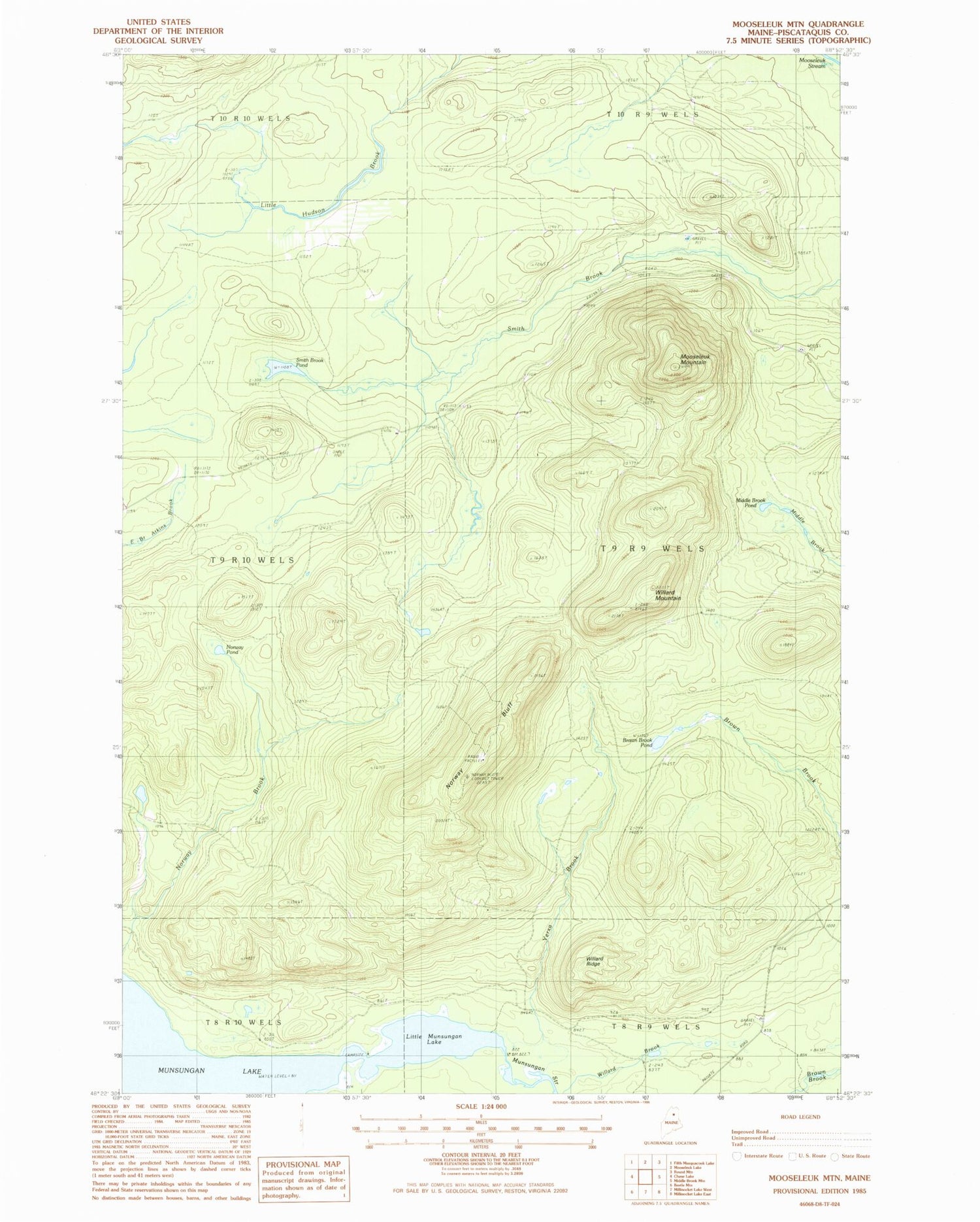 Classic USGS Mooseleuk Mountain Maine 7.5'x7.5' Topo Map Image