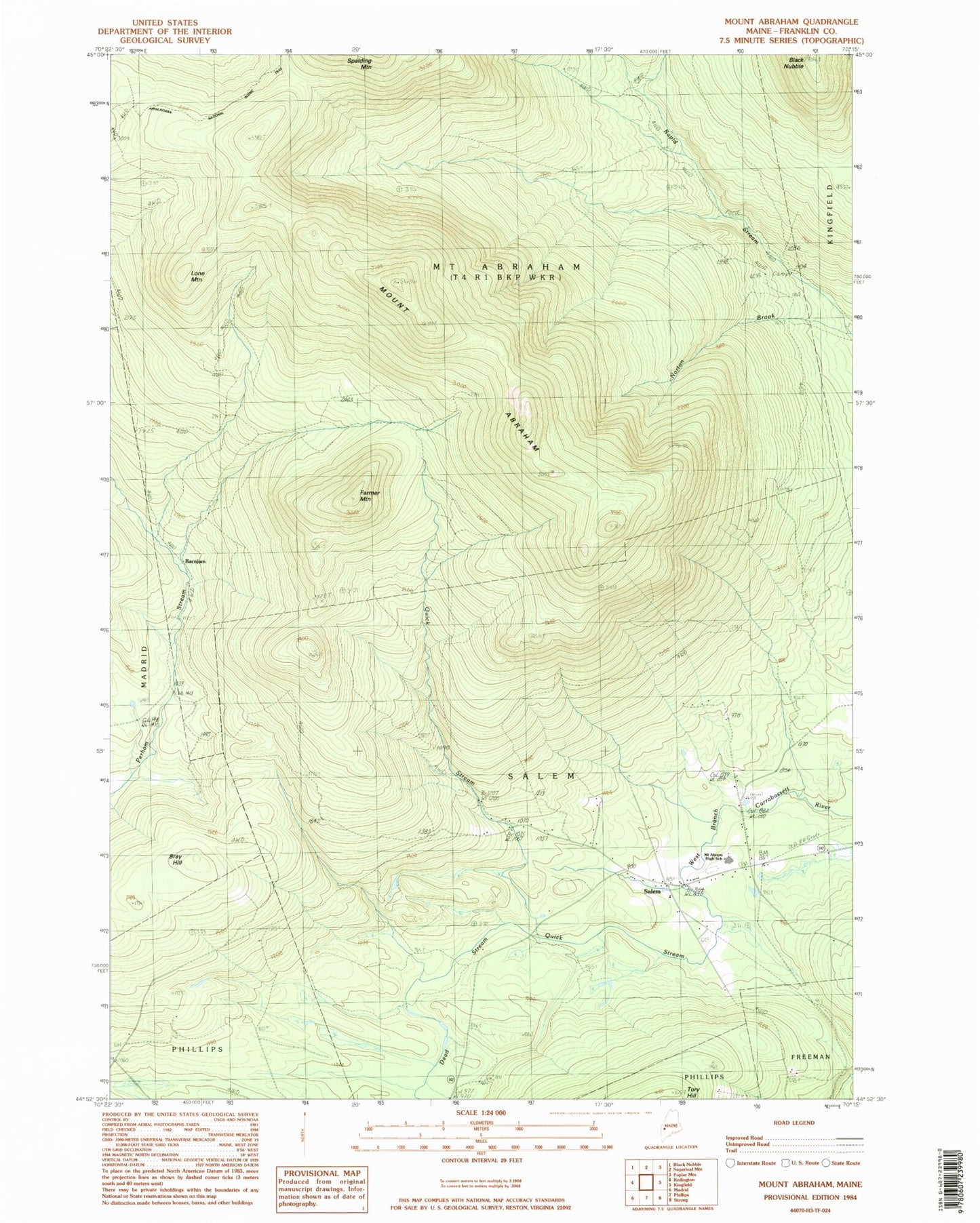 Classic USGS Mount Abraham Maine 7.5'x7.5' Topo Map Image
