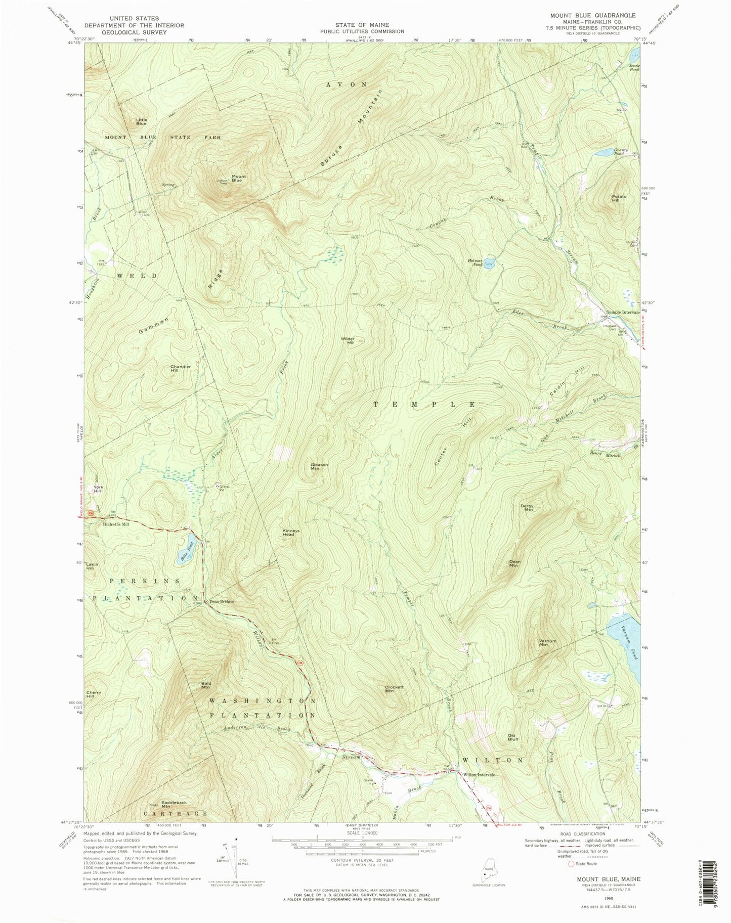 Classic USGS Mount Blue Maine 7.5'x7.5' Topo Map Image