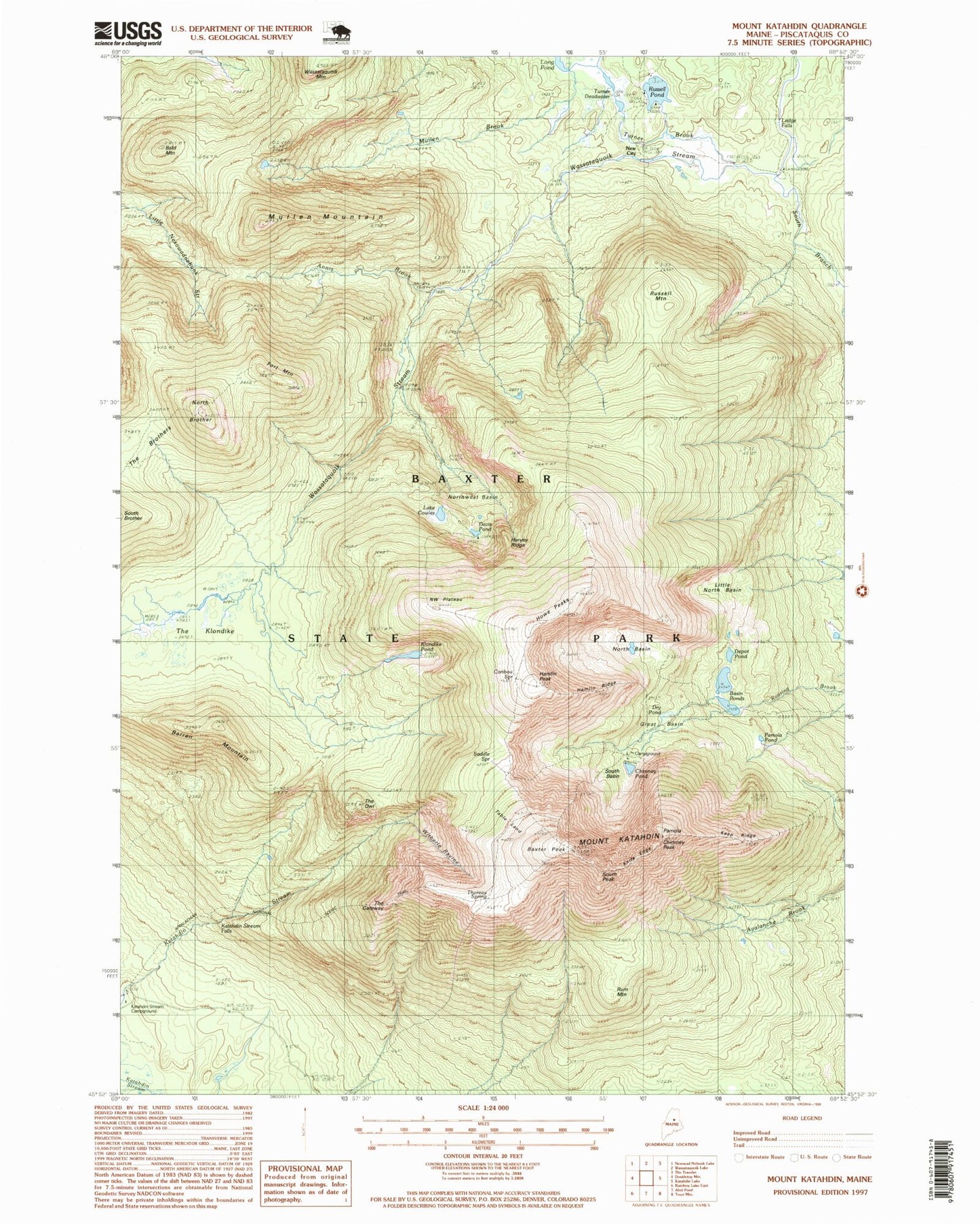 USGS Classic Mount Katahdin Maine 7.5'x7.5' Topo Map Image