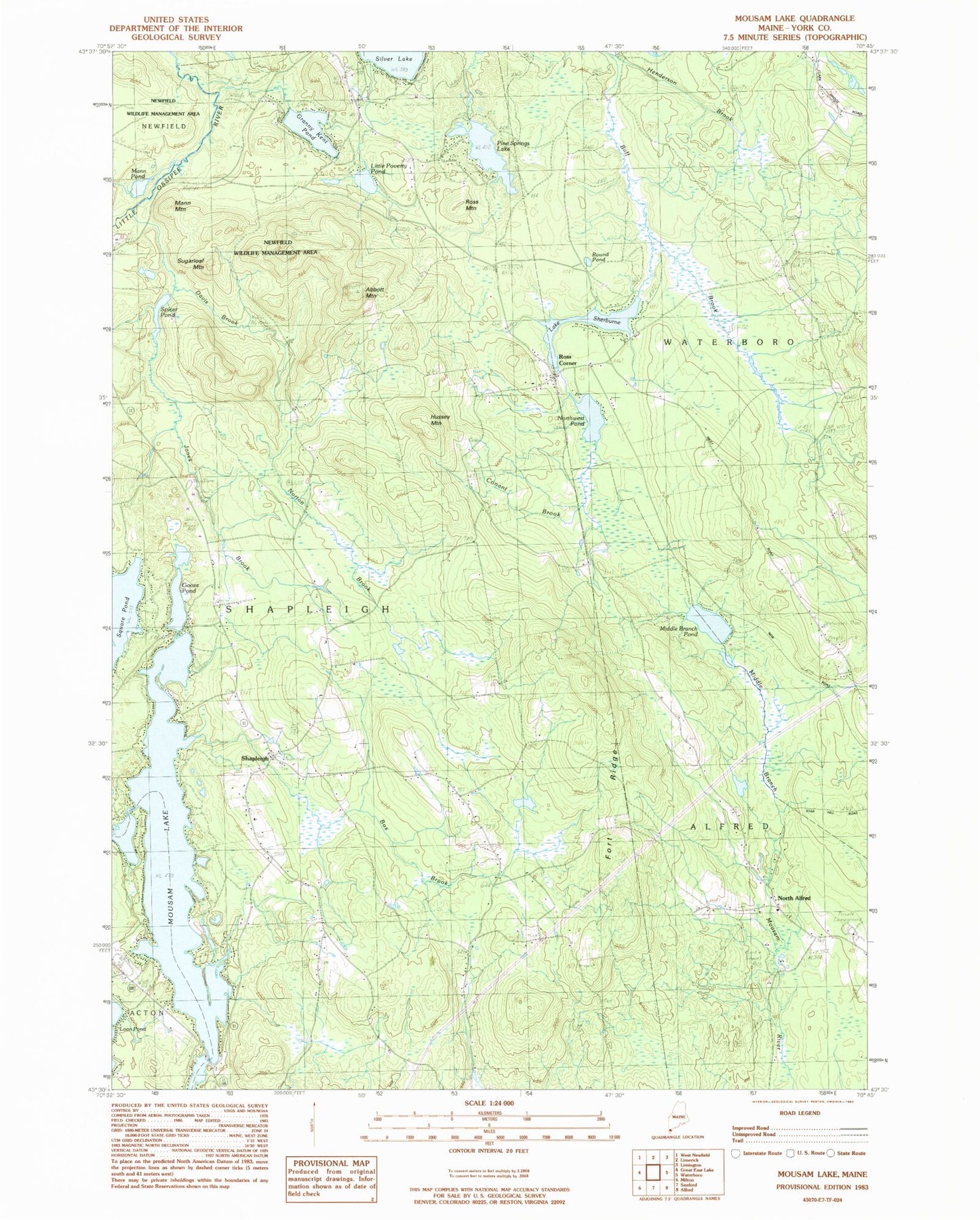 Classic USGS Mousam Lake Maine 7.5'x7.5' Topo Map Image