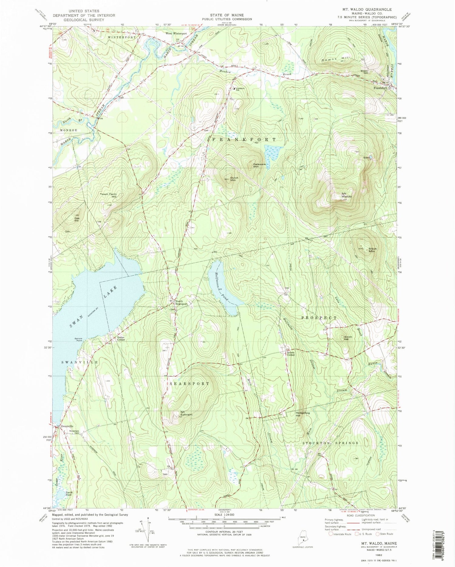 Classic USGS Mount Waldo Maine 7.5'x7.5' Topo Map Image