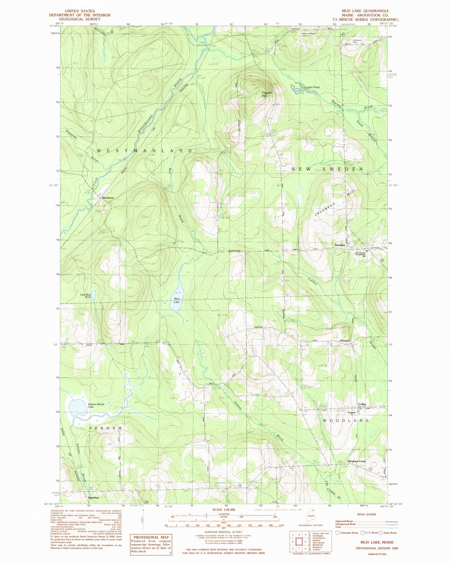 Classic USGS Mud Lake Maine 7.5'x7.5' Topo Map Image