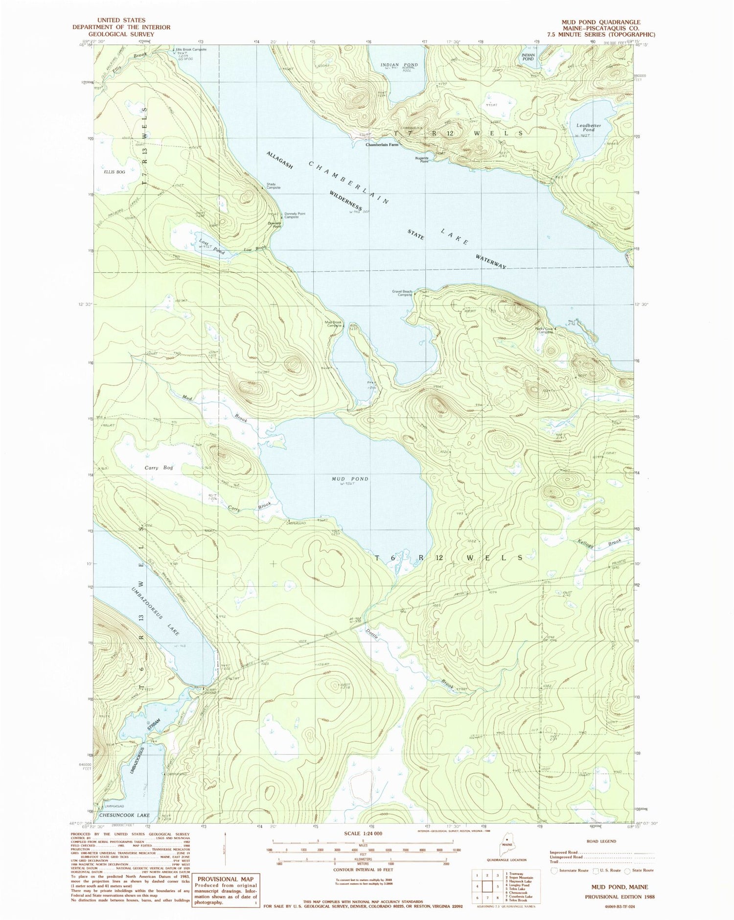 Classic USGS Mud Pond Maine 7.5'x7.5' Topo Map Image