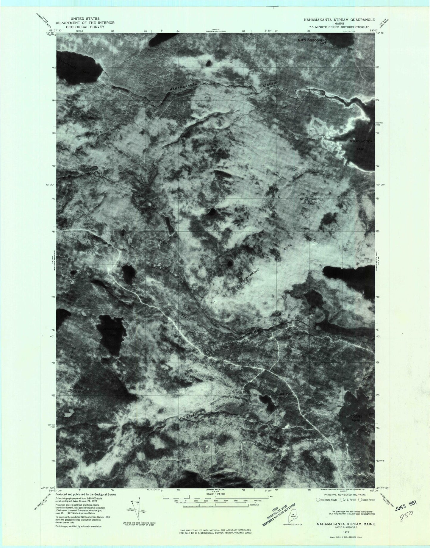 Classic USGS Nahmakanta Stream Maine 7.5'x7.5' Topo Map Image