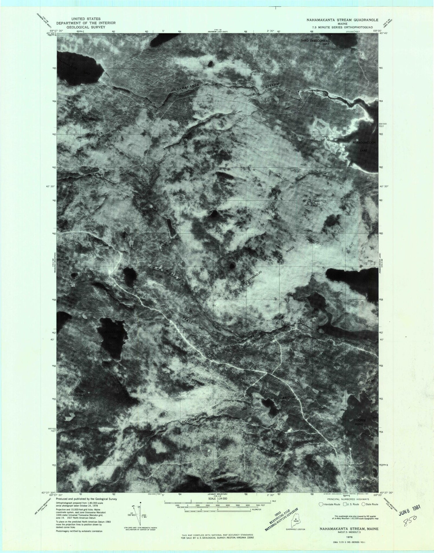 Classic USGS Nahmakanta Stream Maine 7.5'x7.5' Topo Map Image