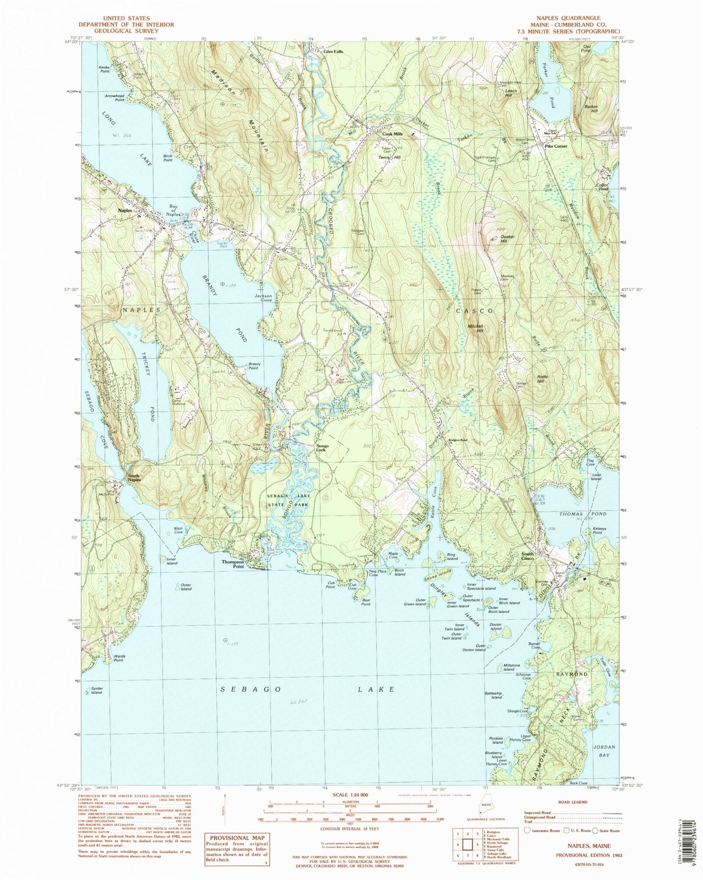 Classic USGS Naples Maine 7.5'x7.5' Topo Map Image