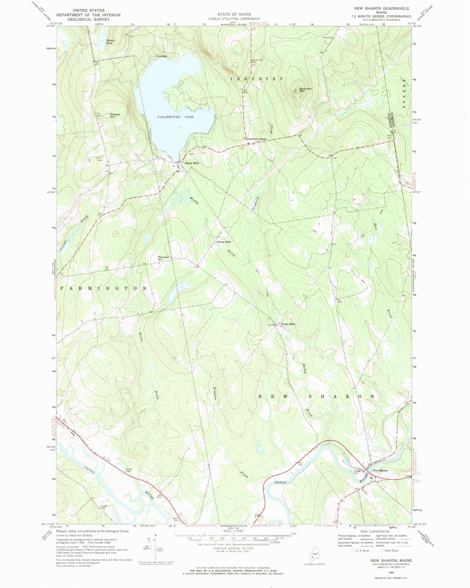 Classic USGS New Sharon Maine 7.5'x7.5' Topo Map Image