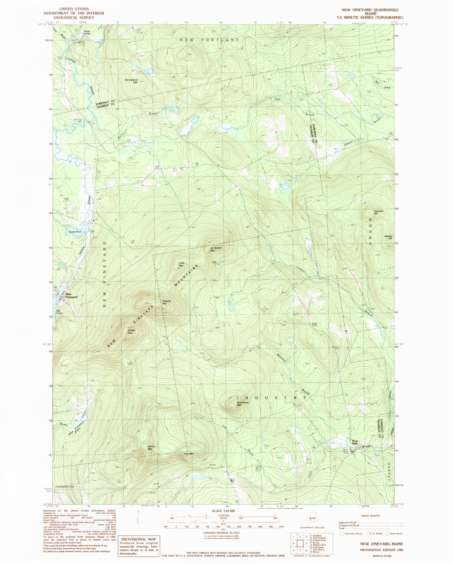 Classic USGS New Vineyard Maine 7.5'x7.5' Topo Map Image
