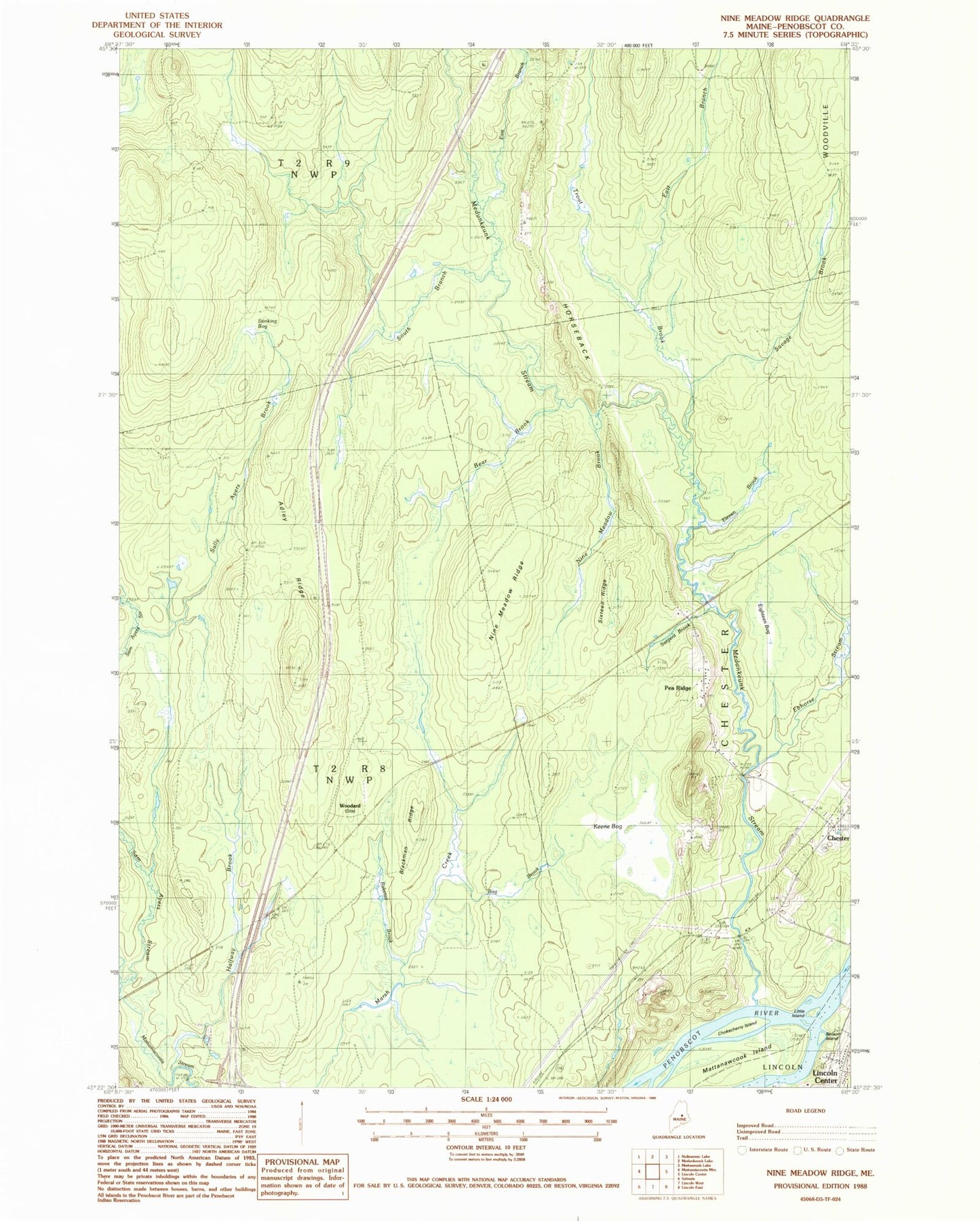 Classic USGS Nine Meadow Ridge Maine 7.5'x7.5' Topo Map Image