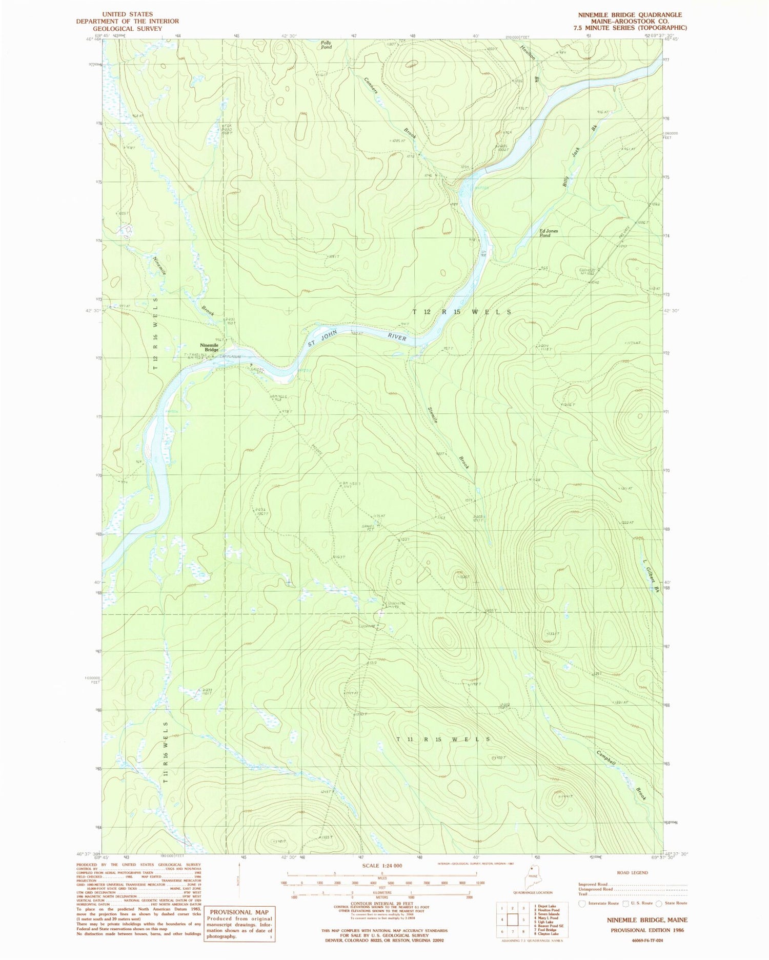 Classic USGS Ninemile Bridge Maine 7.5'x7.5' Topo Map Image