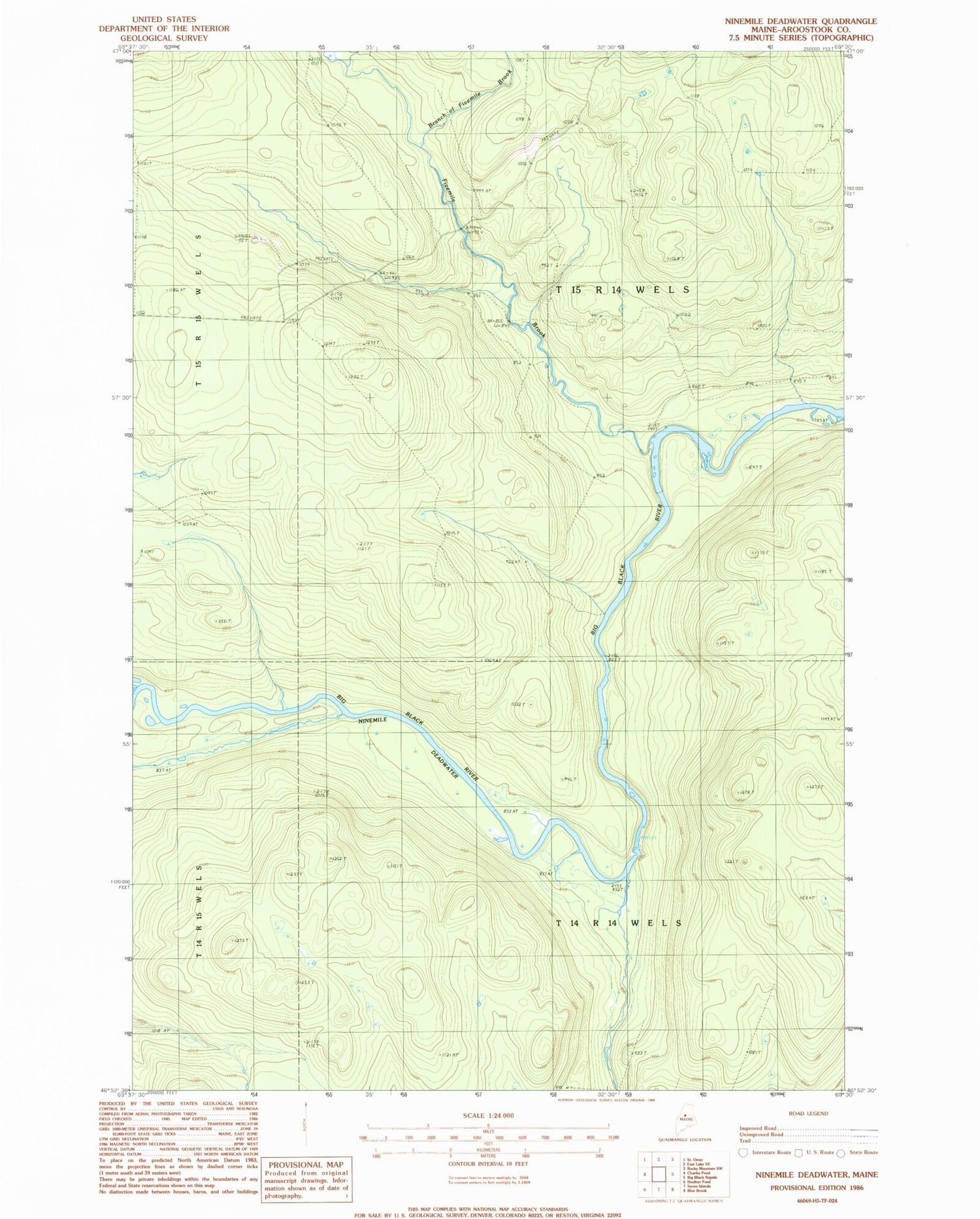 Classic USGS Ninemile Deadwater Maine 7.5'x7.5' Topo Map Image