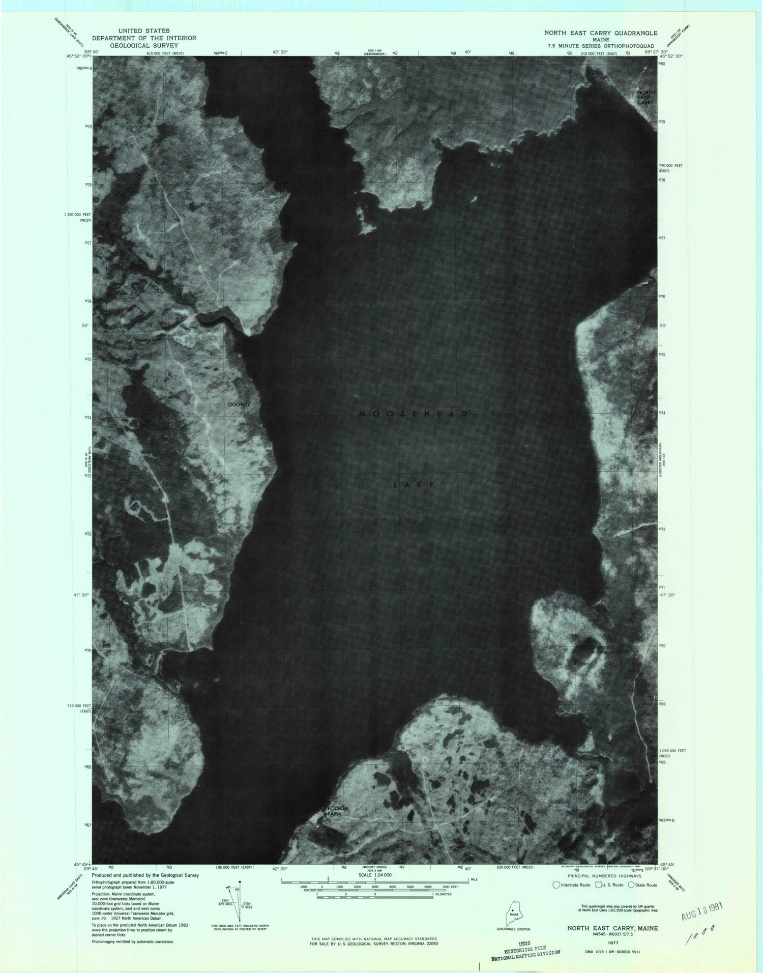 Classic USGS North East Carry Maine 7.5'x7.5' Topo Map Image
