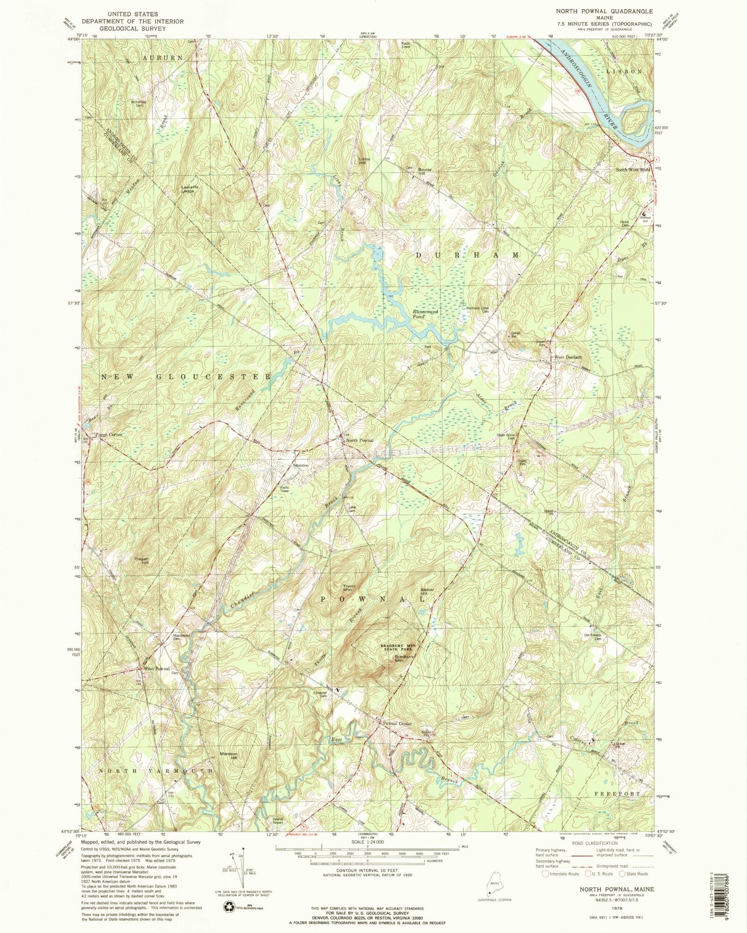 Classic USGS North Pownal Maine 7.5'x7.5' Topo Map Image