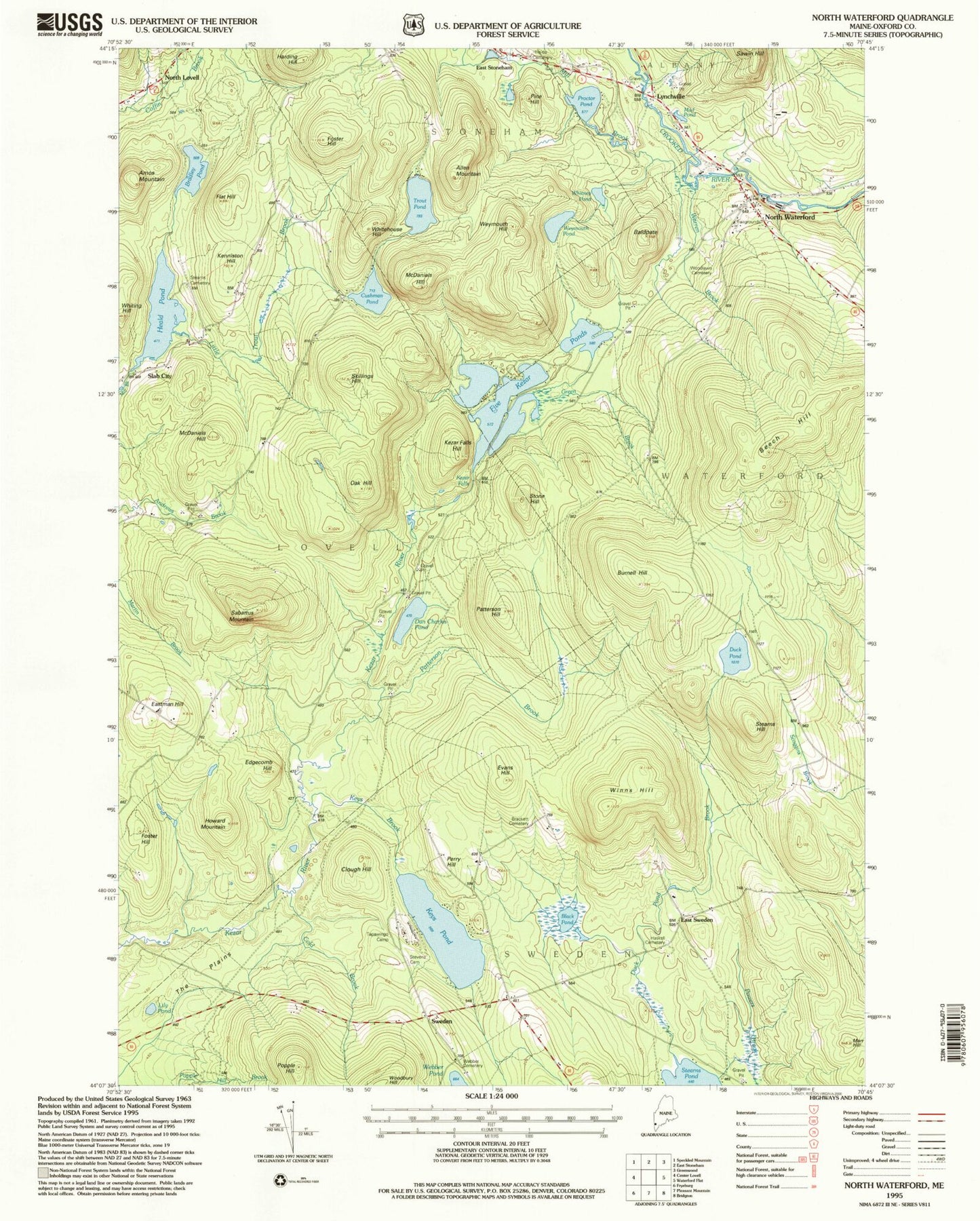 Classic USGS North Waterford Maine 7.5'x7.5' Topo Map Image