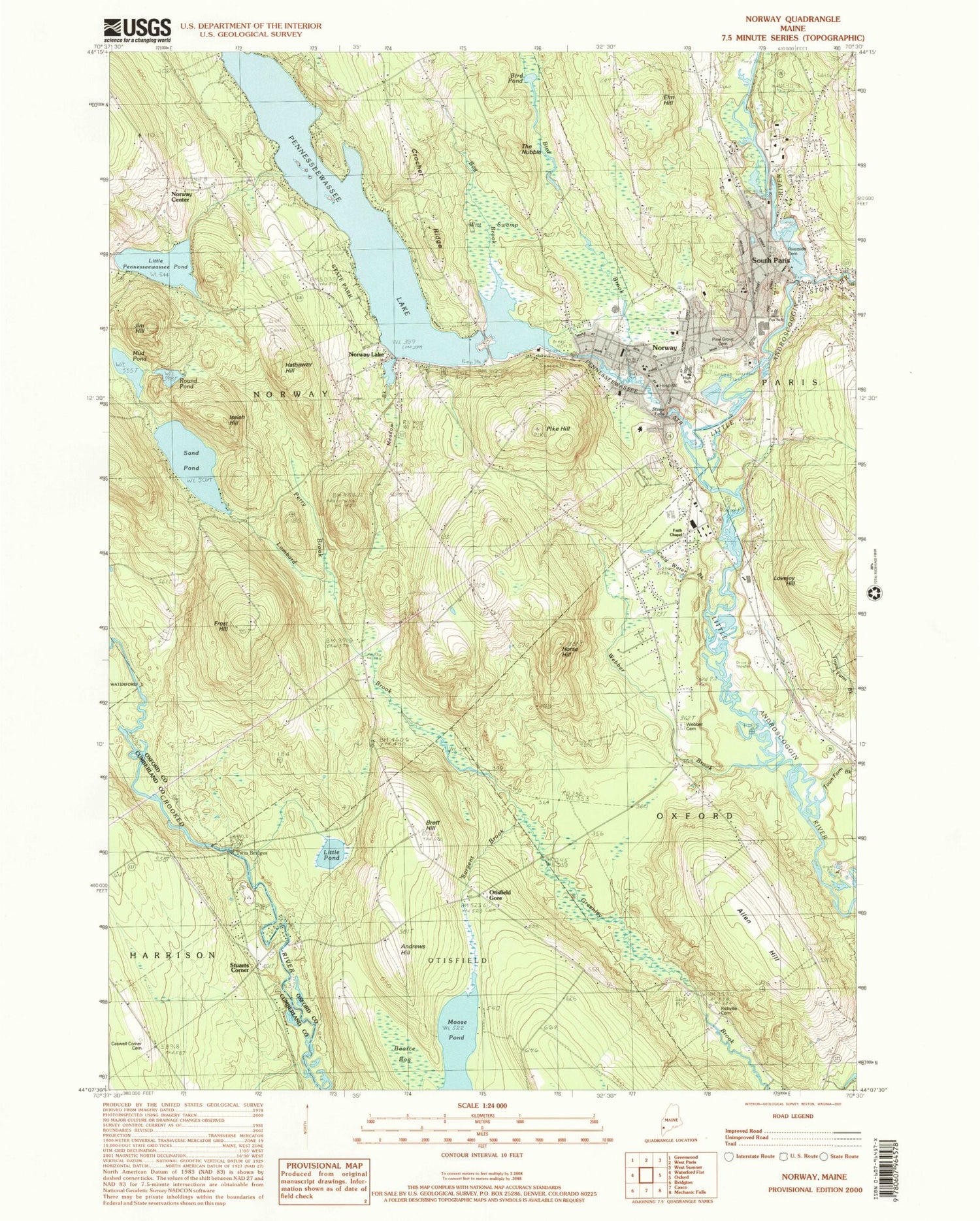 Classic USGS Norway Maine 7.5'x7.5' Topo Map Image