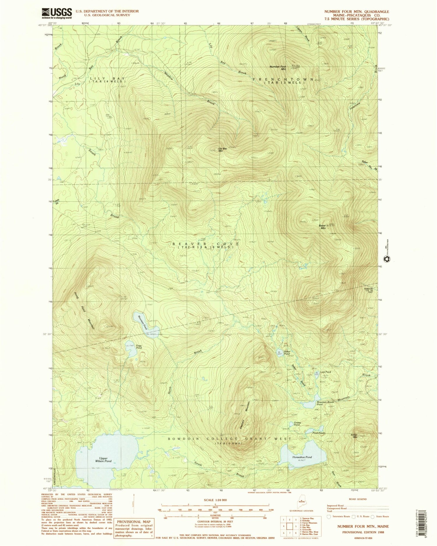Classic USGS Number Four Mountain Maine 7.5'x7.5' Topo Map Image