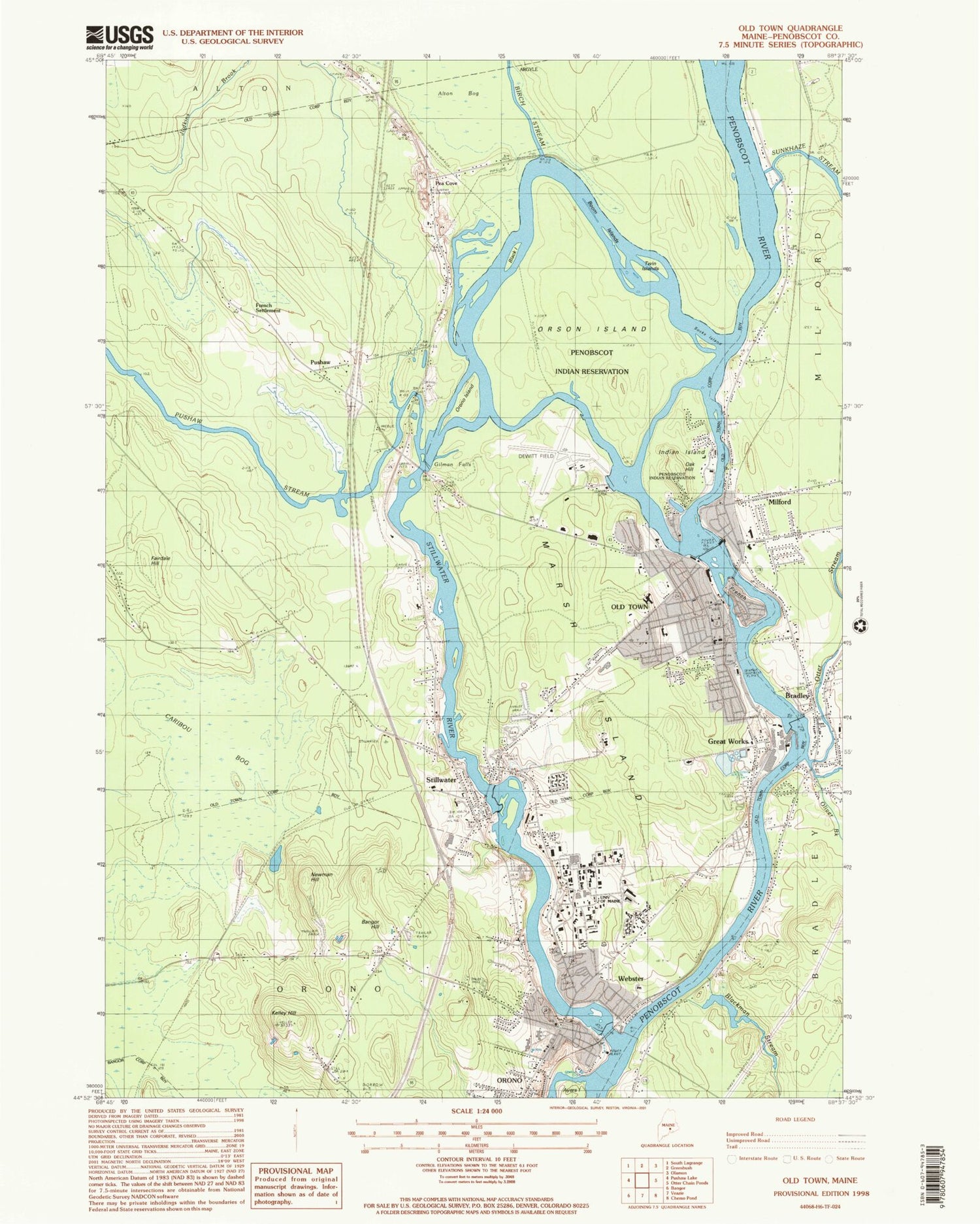 Classic USGS Old Town Maine 7.5'x7.5' Topo Map Image