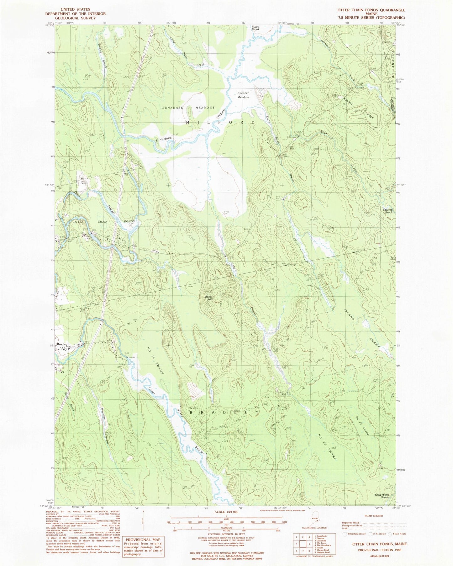 Classic USGS Otter Chain Ponds Maine 7.5'x7.5' Topo Map Image