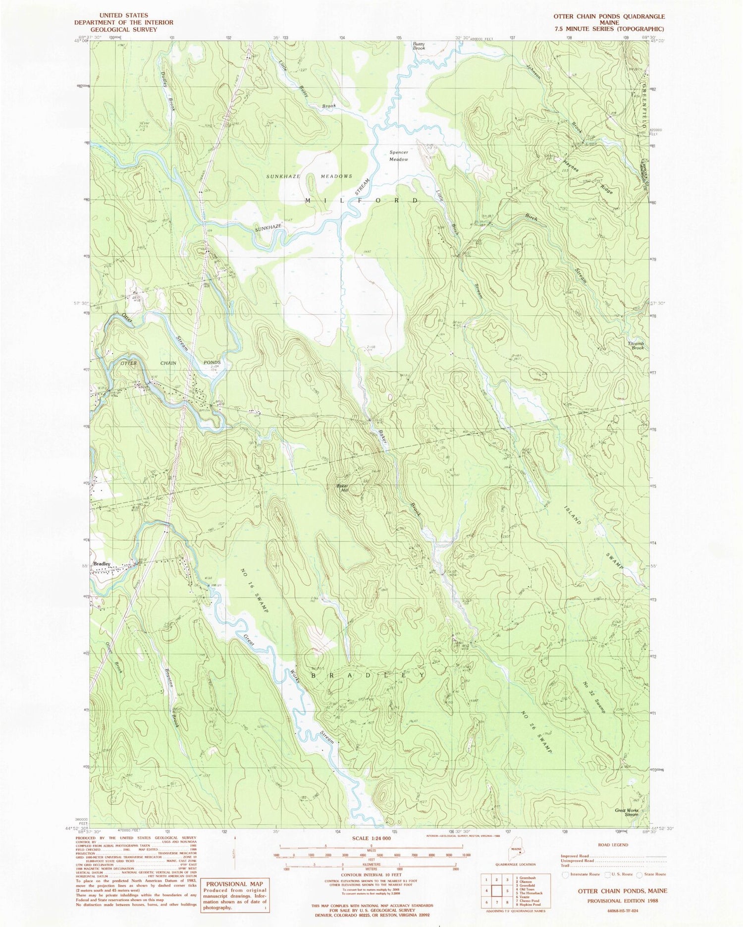 Classic USGS Otter Chain Ponds Maine 7.5'x7.5' Topo Map Image