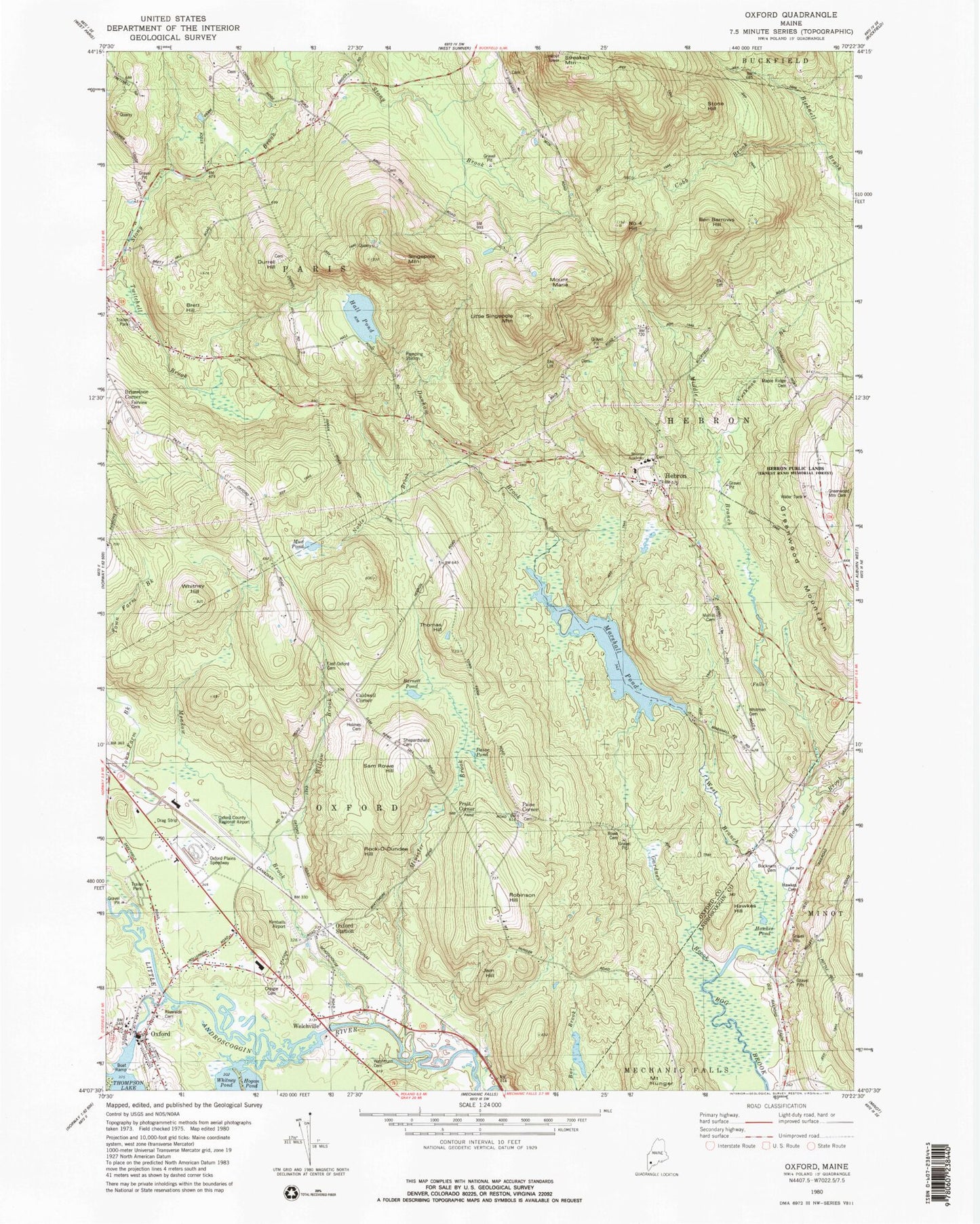 Classic USGS Oxford Maine 7.5'x7.5' Topo Map Image